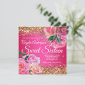 Sparkly Gold Glitter Pink Rose Glam Sweet 16 Kaart (Staand voorkant)