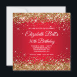 Sparkly Gold Glitter Red Ombre 30th Birthday Kaart<br><div class="desc">Een elegant fancy monogram 30e verjaardag uitnodiging voor haar. Faux goudglitter girale glazen met sparkles tegen een donker en helder rood ombre grafisch afbeelding. De fancy klassieke, bloeiende kalligrafie zwart-wit monogram op de rug kan worden aangepast. Een mooie uitnodiging voor je beste vriendin op haar prachtige dertigste mijlpaal verjaardag. Alle...</div>