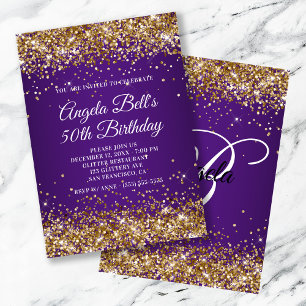 Sparkly Gold Glitter Royal Paars 50th Birthday Kaart