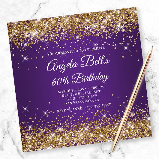 Sparkly Gold Glitter Royal Paars 60th Birthday Kaart