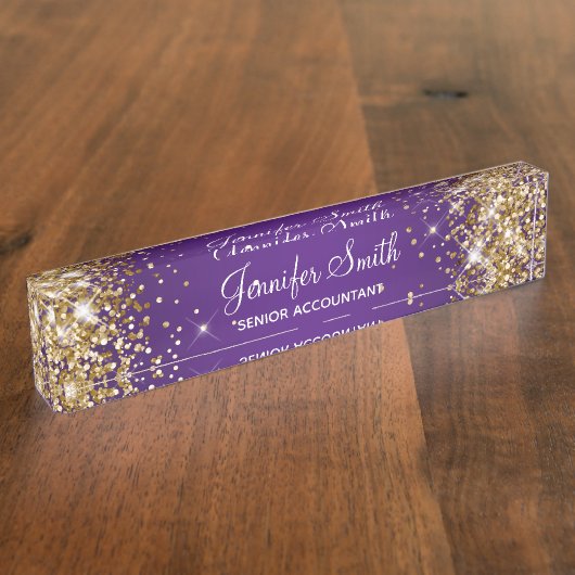 Sparkly Gold Glitter Royal Paars Gradient Naambordje (Zijkant)