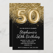 Sparkly Gold Glitter Zwarte Ballon 50e Verjaardag Kaart (Voorkant / Achterkant)