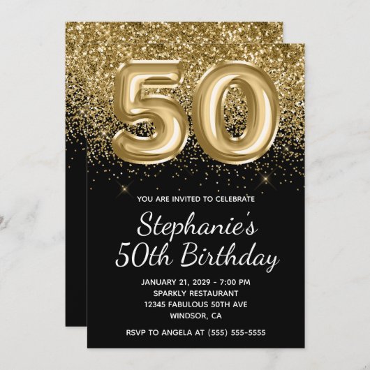 Sparkly Gold Glitter Zwarte Ballon 50e Verjaardag Kaart (Voorkant / Achterkant)