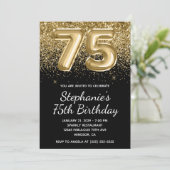 Sparkly Gold Glitter Zwarte Ballon 75e Verjaardag Kaart (Staand voorkant)