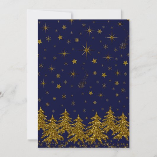 Sparkly Gold-kerstboom, sterren, sneeuw op blauw Bedankkaart (Achterkant)