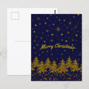Sparkly Gold-kerstboom, sterren, sneeuw op blauw Briefkaart