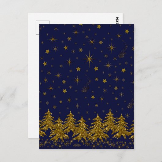 Sparkly Gold-kerstboom, sterren, sneeuw op blauw Briefkaart (Voorkant / Achterkant)