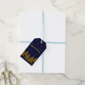 Sparkly Gold-kerstboom, sterren, sneeuw op blauw Cadeaulabel (Met Touw)