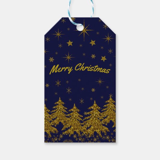 Sparkly Gold-kerstboom, sterren, sneeuw op blauw Cadeaulabel (Voorkant)