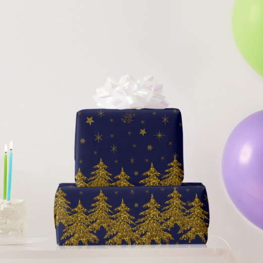 Sparkly Gold-kerstboom, sterren, sneeuw op blauw Cadeaupapier (Feestgeschenken)