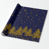 Sparkly Gold-kerstboom, sterren, sneeuw op blauw Cadeaupapier (Uitgerold)