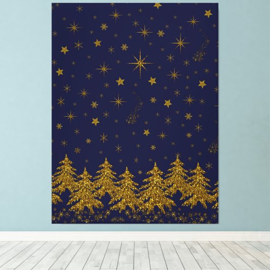 Sparkly Gold-kerstboom, sterren, sneeuw op blauw Canvas Afdruk (Insitu (Houten vloer))