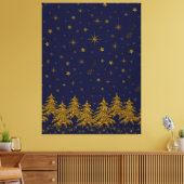 Sparkly Gold-kerstboom, sterren, sneeuw op blauw Canvas Afdruk (Insitu (Woonkamer))