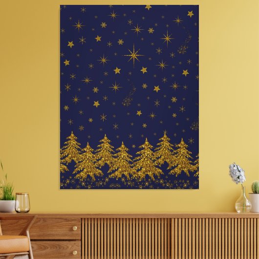 Sparkly Gold-kerstboom, sterren, sneeuw op blauw Canvas Afdruk (Insitu (Woonkamer))