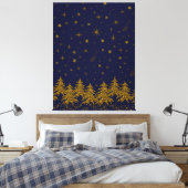 Sparkly Gold-kerstboom, sterren, sneeuw op blauw Canvas Afdruk (Insitu (Slaapkamer))