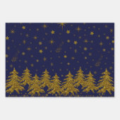 Sparkly Gold-kerstboom, sterren, sneeuw op blauw Inpakpapier Vel (Voorkant 3)