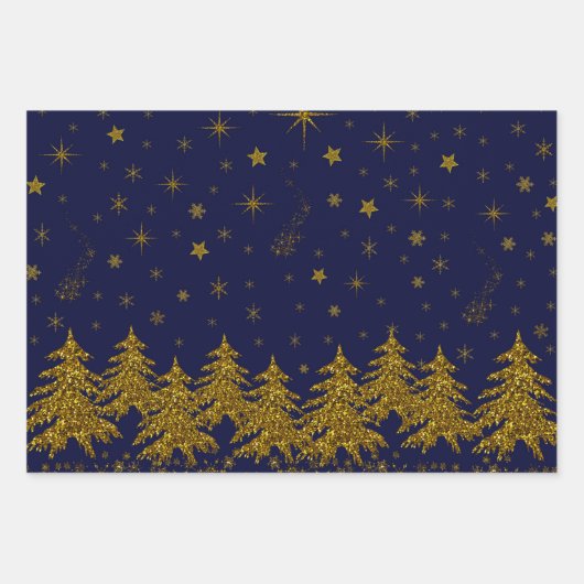 Sparkly Gold-kerstboom, sterren, sneeuw op blauw Inpakpapier Vel (Voorkant)