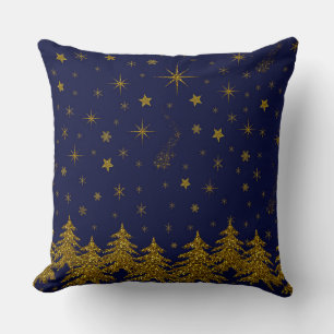 Sparkly Gold-kerstboom, sterren, sneeuw op blauw Kussen