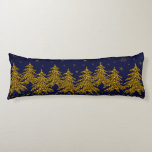 Sparkly Gold-kerstboom, sterren, sneeuw op blauw Lichaamskussen