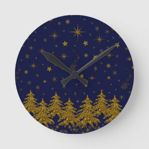 Sparkly Gold-kerstboom, sterren, sneeuw op blauw  Ronde Klok