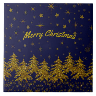 Sparkly Gold-kerstboom, sterren, sneeuw op blauw Tegeltje