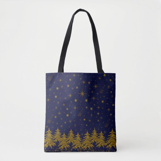 Sparkly Gold-kerstboom, sterren, sneeuw op blauw Tote Bag (Voorkant)