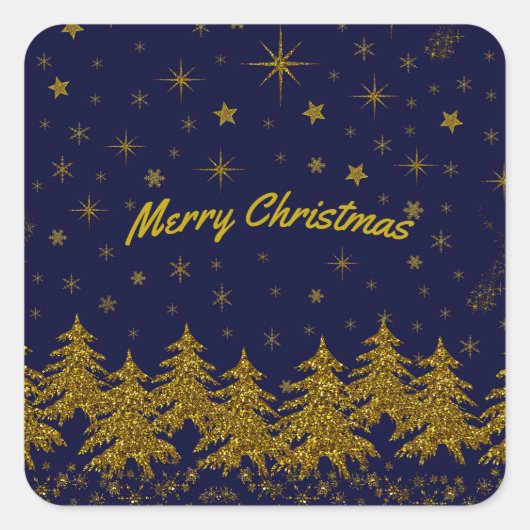 Sparkly Gold-kerstboom, sterren, sneeuw op blauw Vierkante Sticker (Voorkant)