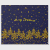 Sparkly Gold-kerstboom, sterren, sneeuw op blauw W Cadeaupapier (Vlak)