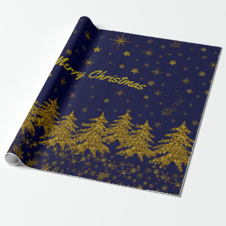 Sparkly Gold-kerstboom, sterren, sneeuw op blauw W Cadeaupapier