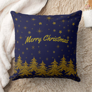 Sparkly Gold-kerstboom, sterren, sneeuw op blauwe  Kussen