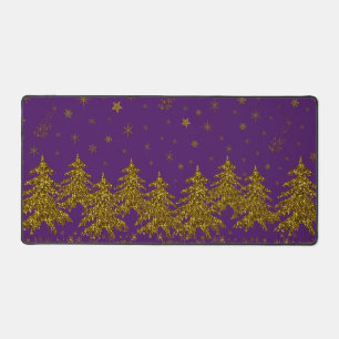 Sparkly Gold-kerstboom, sterren, sneeuw op paars Bureaumat
