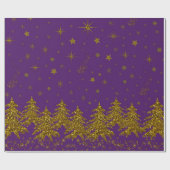 Sparkly Gold-kerstboom, sterren, sneeuw op paars Cadeaupapier (Vlak)