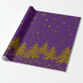 Sparkly Gold-kerstboom, sterren, sneeuw op paars Cadeaupapier (Uitgerold)