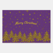 Sparkly Gold-kerstboom, sterren, sneeuw op paars Inpakpapier Vel (Voorkant 2)