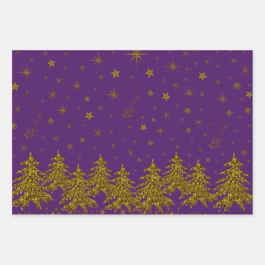 Sparkly Gold-kerstboom, sterren, sneeuw op paars Inpakpapier Vel (Voorkant)