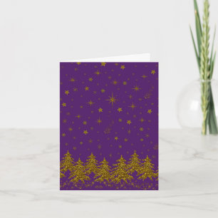 Sparkly Gold-kerstboom, sterren, sneeuw op paars Kaart