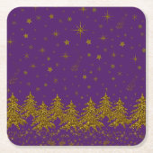 Sparkly Gold-kerstboom, sterren, sneeuw op paars Kartonnen Onderzetters (Voorkant)