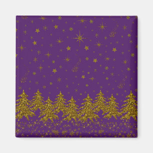 Sparkly Gold-kerstboom, sterren, sneeuw op paars Magneet
