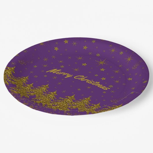 Sparkly Gold-kerstboom, sterren, sneeuw op paars Papieren Bordje (Gekanteld)