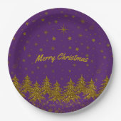 Sparkly Gold-kerstboom, sterren, sneeuw op paars Papieren Bordje (Voorkant)