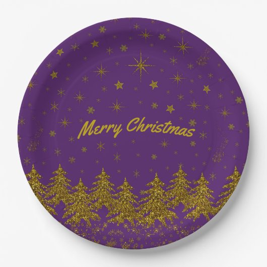 Sparkly Gold-kerstboom, sterren, sneeuw op paars Papieren Bordje (Voorkant)