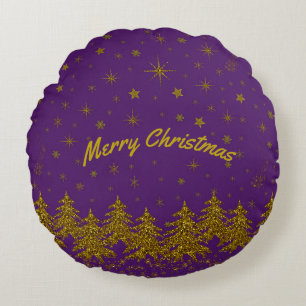 Sparkly Gold-kerstboom, sterren, sneeuw op paars Rond Kussen