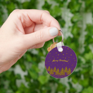 Sparkly Gold-kerstboom, sterren, sneeuw op paars Sleutelhanger