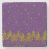 Sparkly Gold-kerstboom, sterren, sneeuw op paars Stenen Onderzetter (Voorkant)