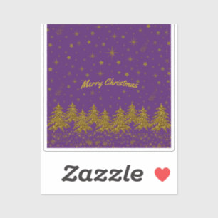 Sparkly Gold-kerstboom, sterren, sneeuw op paars Sticker