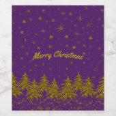 Sparkly Gold-kerstboom, sterren, sneeuw op paars Wijn Etiket (Enkel label)
