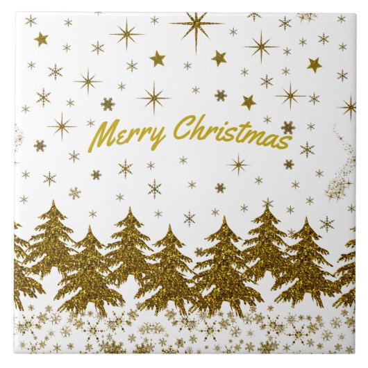 Sparkly Gold-kerstboom, sterren, sneeuw Tegeltje (Voorkant)