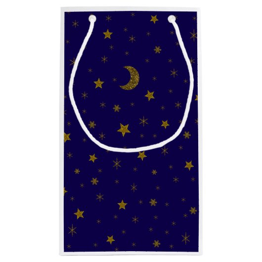 Sparkly Gold kerstmaan, sterren op blauw Klein Cadeauzakje (Achterkant)