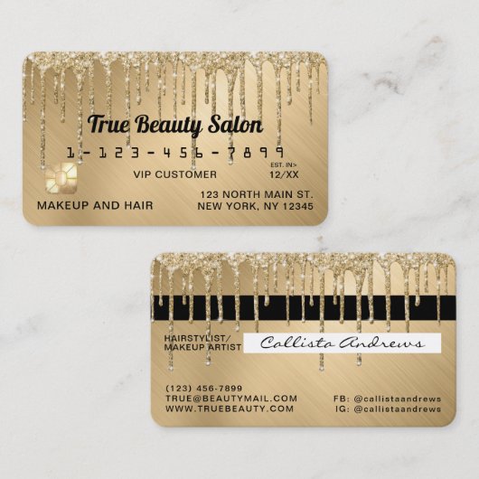 Sparkly Gold Metallic Glitter Drupt Krediet Visitekaartje (Voorkant / Achterkant)