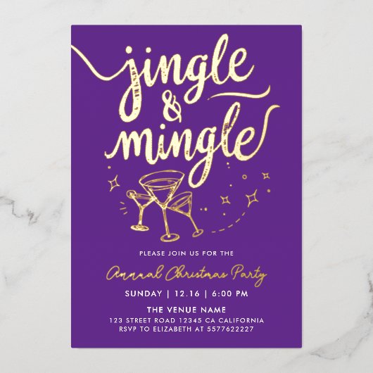 Sparkly Gold Purple Jingle Mingle Cocktail Doodles Folie Uitnodiging (Voorkant)
